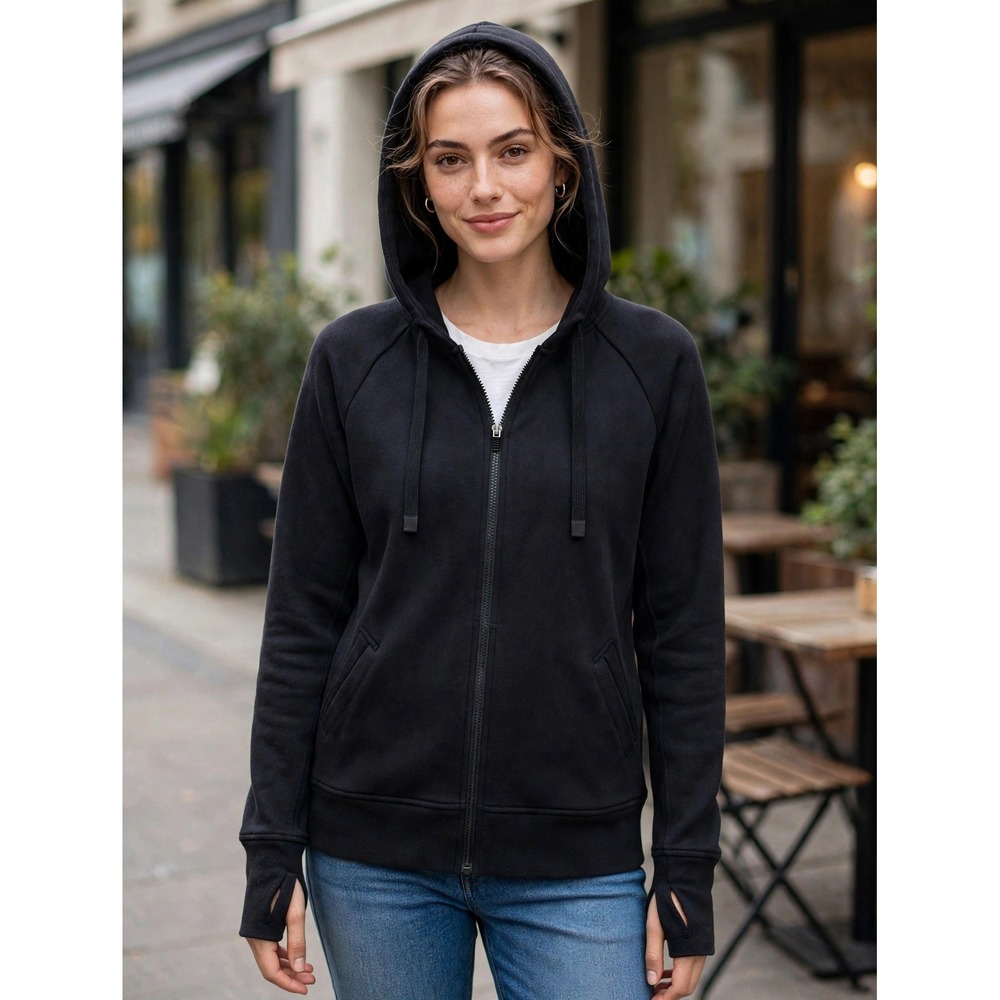 Athleta Black Full Zip Fleece Hoodie Sweatshirt Thumbholes Size M